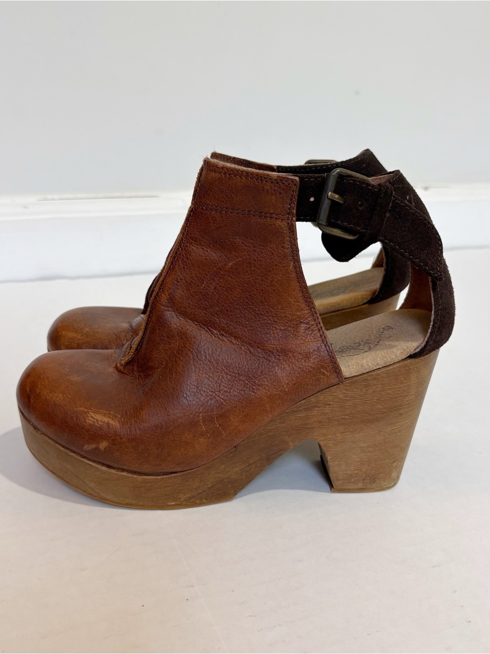 Free People Amber Orchard Clog Brown Leather and Suede Ankle Strap Size 6